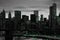 Green lights shining in black and white night time cityscape with the Brooklyn Bridge and buildings of Manhattan in New York City